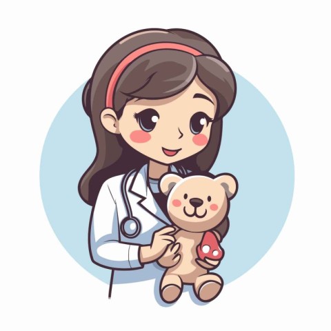 Cute little girl playing doctor with toy bear. Vector illustrati