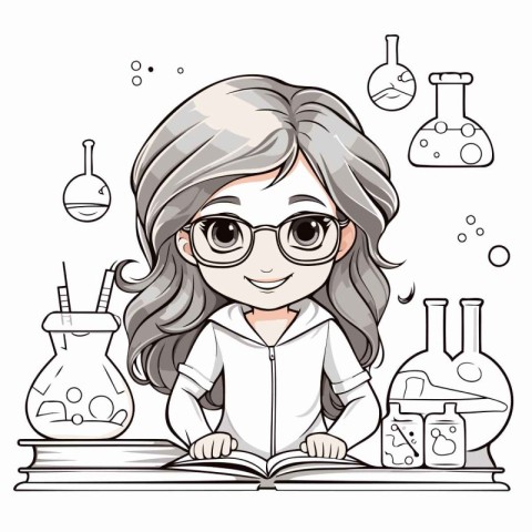 Girl in glasses reading a book. science concept. Vector illustra