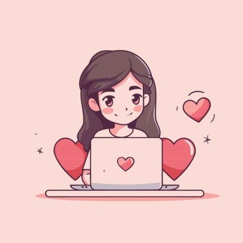 Cute little girl using laptop with hearts around. Vector illustr