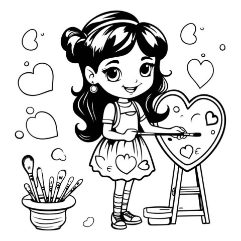 Cute little girl painting hearts. Black and white vector illustr