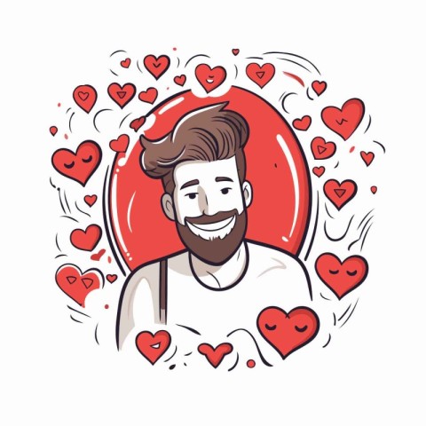 Smiling man in love with red hearts around him. Vector illustrat