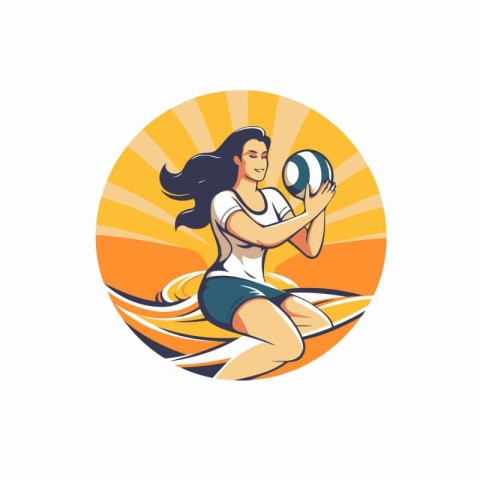 Vector illustration of a woman playing volleyball on the beach w