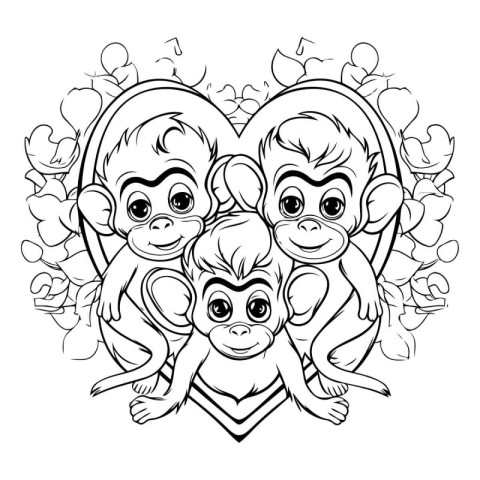 Monkey family in a heart. Black and white vector illustration fo