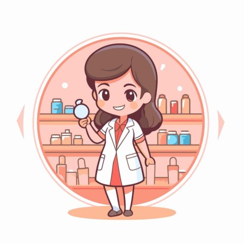 Cute cartoon girl pharmacist holding a magnifying glass. Vector