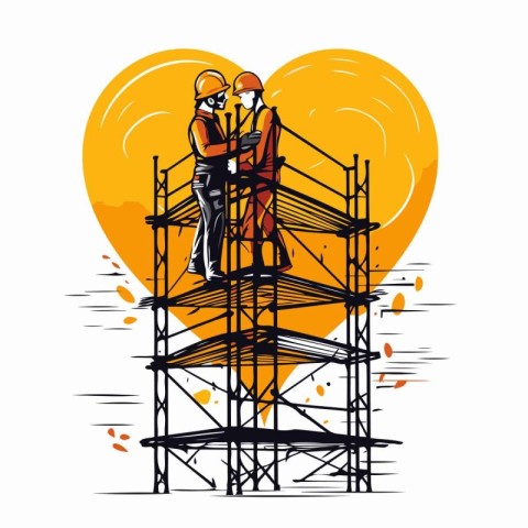 Construction workers on scaffolding with heart shape background.