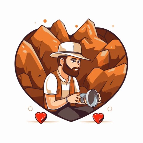 Man in a hat with a camera in the form of a heart. Vector illust