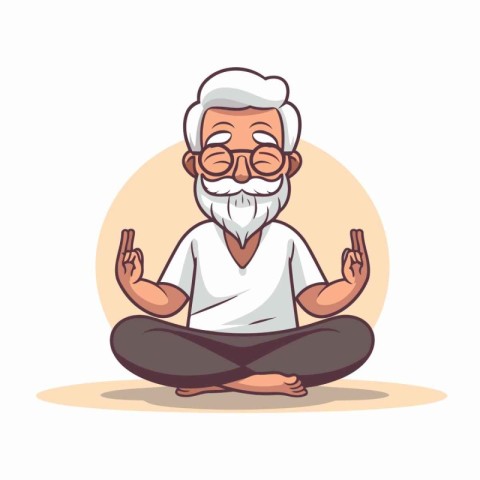 Elderly man meditating in lotus position. Vector illustration.