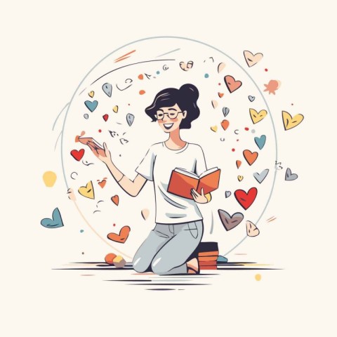 Vector illustration of a girl with glasses reading a book in the