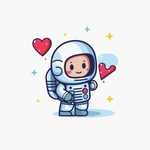 Cute cartoon astronaut in spacesuit with hearts. Vector illustra