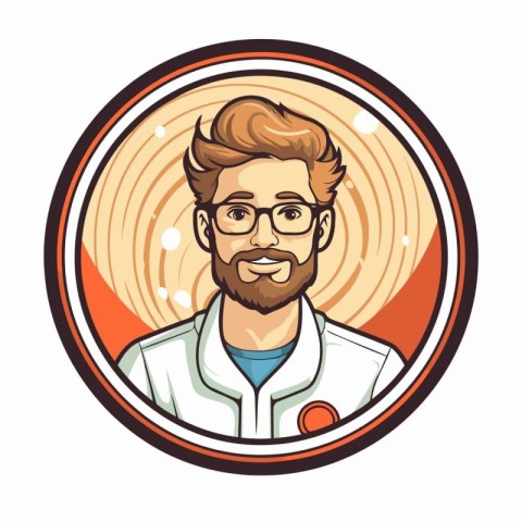 Hipster doctor with beard in round badge vector illustration gra