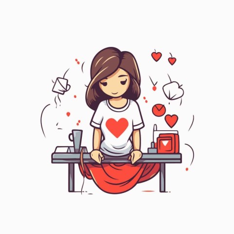 Cute girl sitting at the table and writing a letter. Vector illu