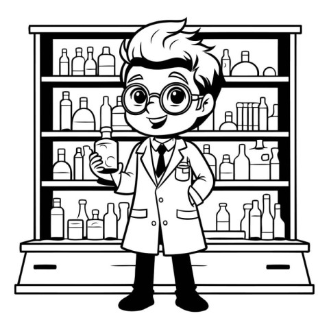 Cute boy pharmacist cartoon in the drugstore vector illustration