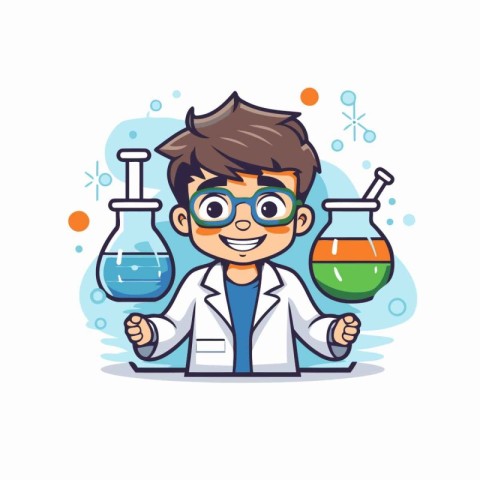 Scientist boy cartoon character with science equipment. Vector s