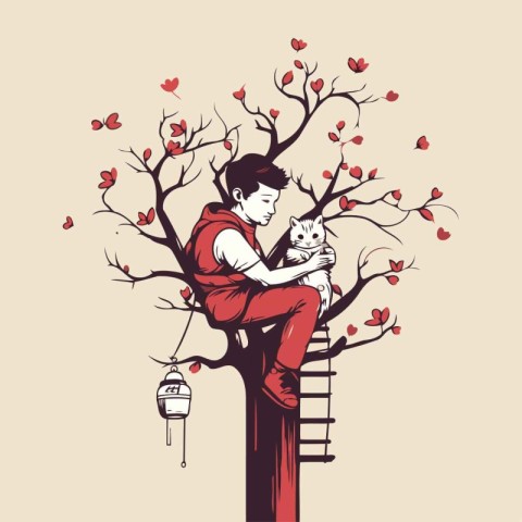 Vector illustration of a man sitting on a tree and holding a cat