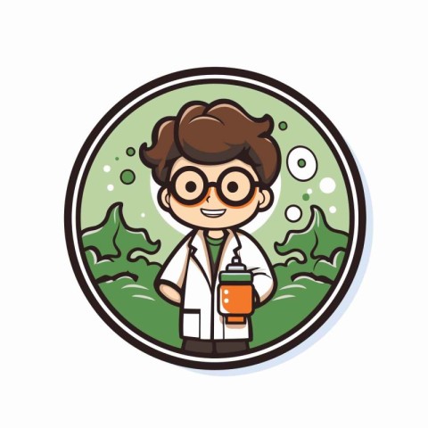 Cartoon doctor with a cup of coffee. Vector illustration on whit