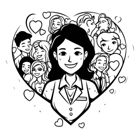 Vector illustration of a female doctor or nurse with many people