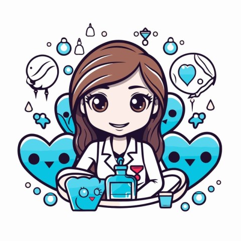 Cute cartoon female doctor holding a bottle of medicine. Vector