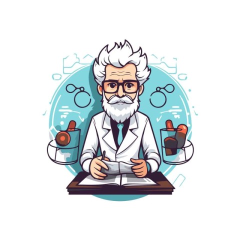 Scientist in a white coat with a book. Vector illustration.