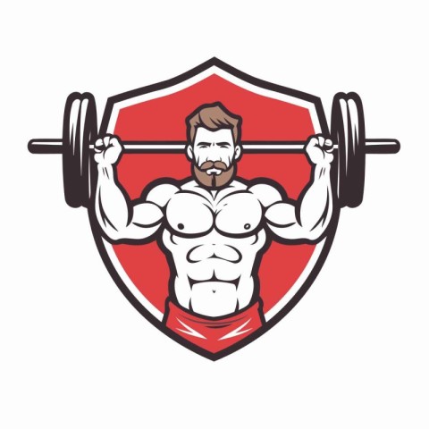 Bodybuilder with barbell. Fitness club emblem. Vector illustrati