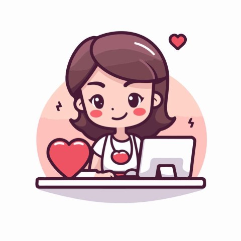 Girl working on laptop with heart vector illustration. Happy val