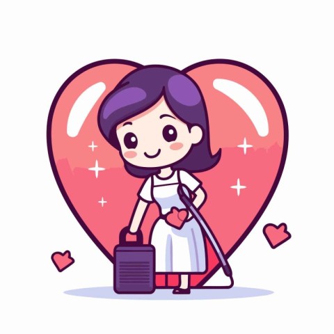 Cute cartoon girl with a suitcase and heart. Vector illustration