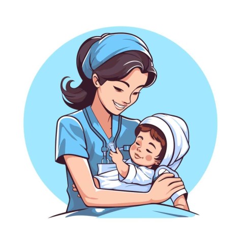 Nurse with a newborn baby. Vector illustration in cartoon style.