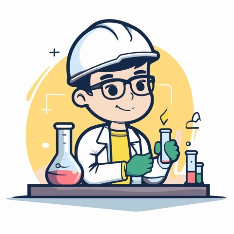 Vector illustration of a boy scientist in lab coat and eyeglasse