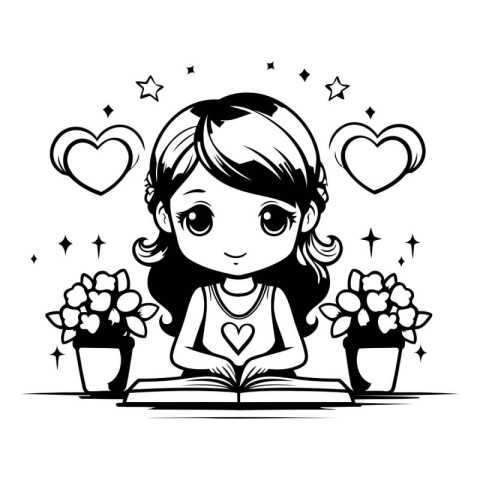 Cute little girl reading a book with flowers. Vector illustratio