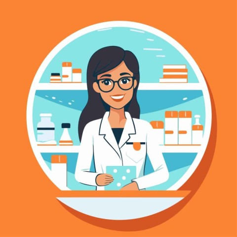 Female pharmacist in the pharmacy. Vector illustration in a flat