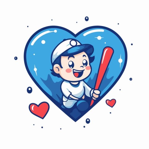 Cute boy playing baseball in heart shape. vector cartoon illustr