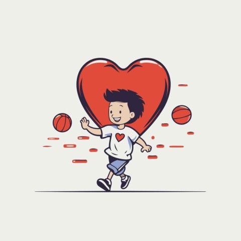 Vector illustration of a boy playing basketball with a red heart