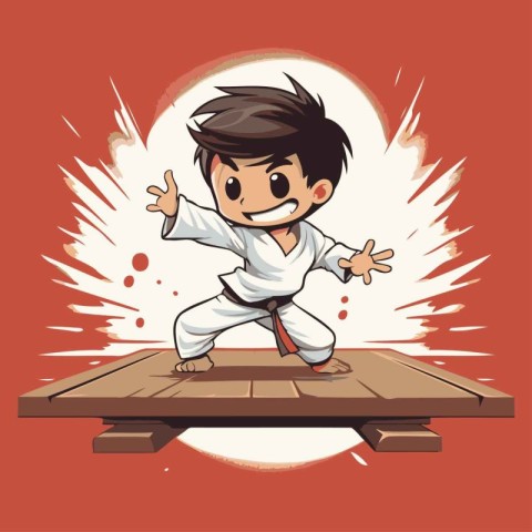 Karate karate boy on the wooden platform. Vector illustration.