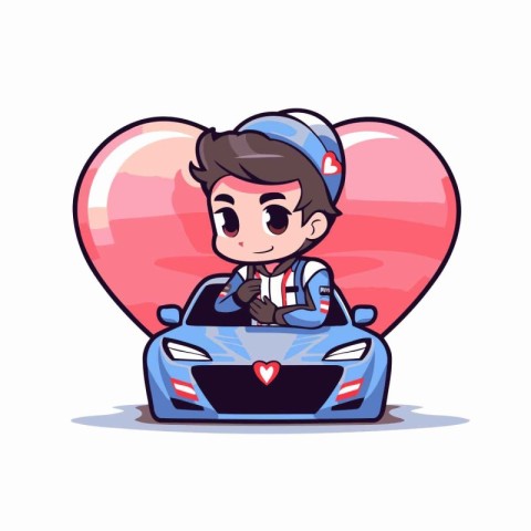 Cute boy driving a car in the heart shape. Vector illustration.