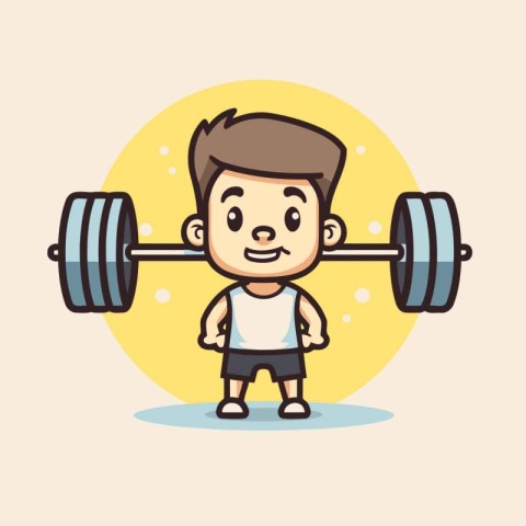 Fitness boy with barbell. Vector flat cartoon character illustra