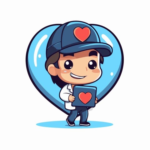 Cute Cartoon Delivery Boy With Heart Icon. Vector Illustration.