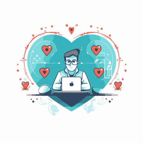 Vector illustration of man with laptop in heart shape. Flat line