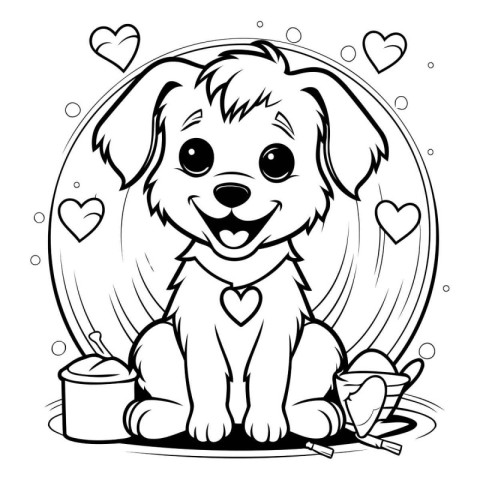 Black and White Cartoon Illustration of Cute Puppy Dog with Hear