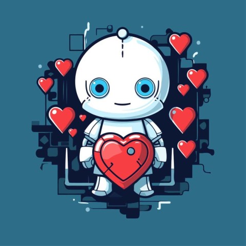 Cute little robot with heart in his hand. Vector illustration.