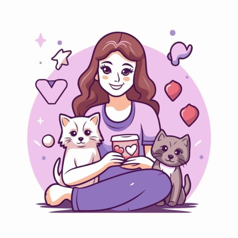 Cute girl with two cats. Vector illustration in cartoon style.