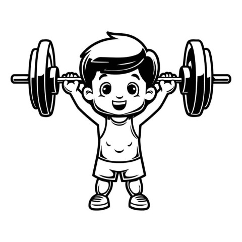 Boy lifting a dumbbell - Black and White Cartoon Illustration. V