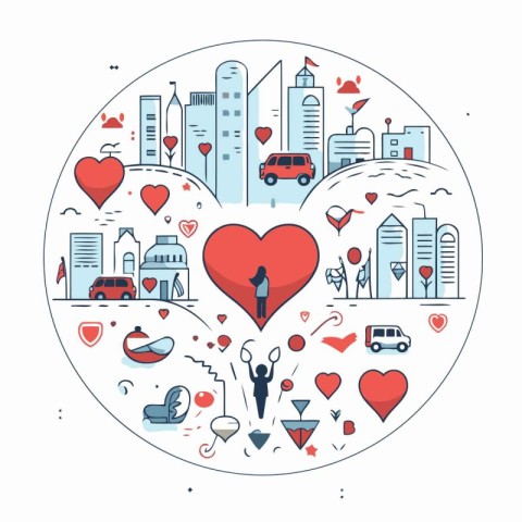 Vector illustration of love city concept in thin line style. Hea