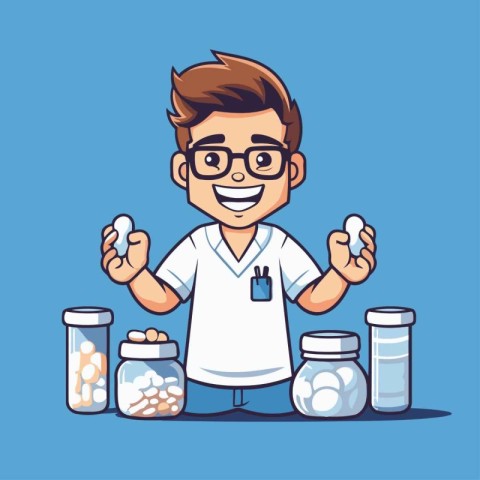 Pharmacist holding pills and capsules. Vector illustration in ca