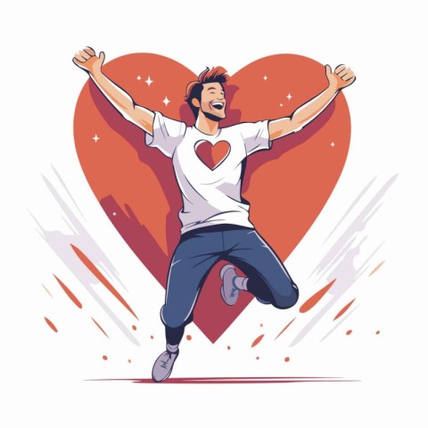 Vector illustration of a young man in love jumping in front of a