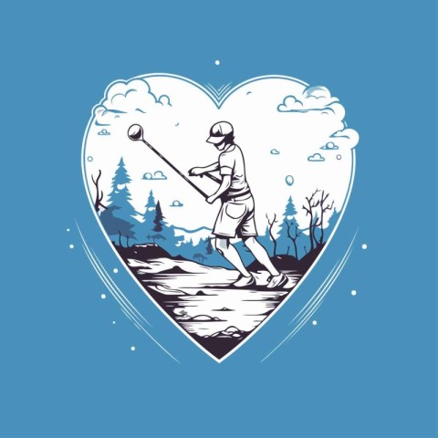 Golfer on the background of the heart. Vector illustration.