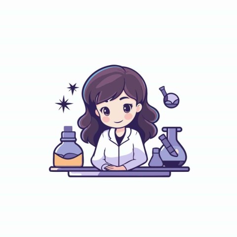 Cute girl scientist in laboratory. Cartoon style. Vector illustr