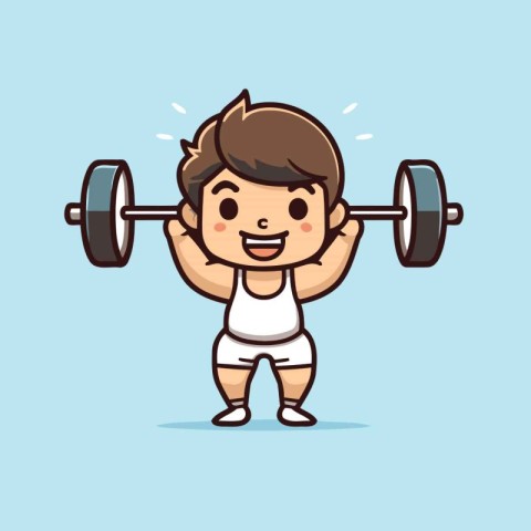 Fitness boy lifting barbell cartoon vector illustration. Cute li