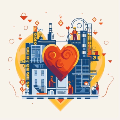 Valentine's day concept. Building with heart. Vector illustratio