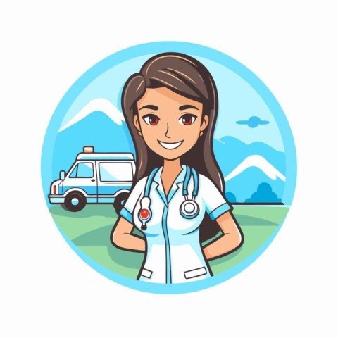 Female doctor with stethoscope and ambulance. Vector illustratio