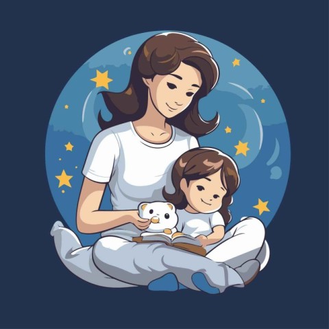 Mother and daughter reading a book in the moonlight. Vector illu