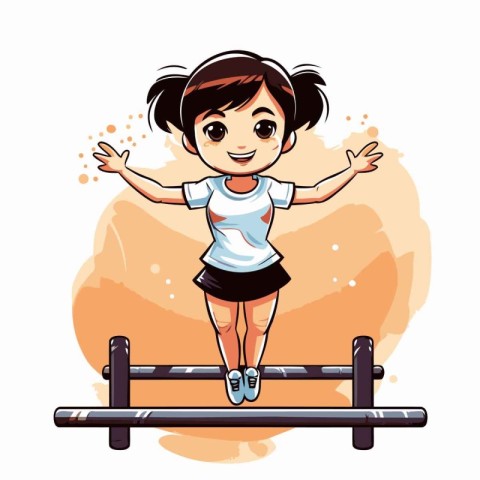 Cute little girl jumping over obstacle. Cartoon vector illustrat